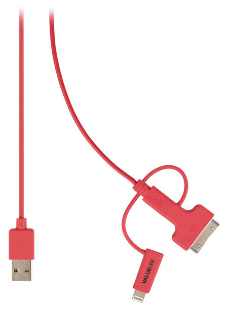 Cablu alimentare si sincronizare rosu USB 2.0 - micro USB +adaptor lightning +Apple Dock 30pini 1m cupru Valueline