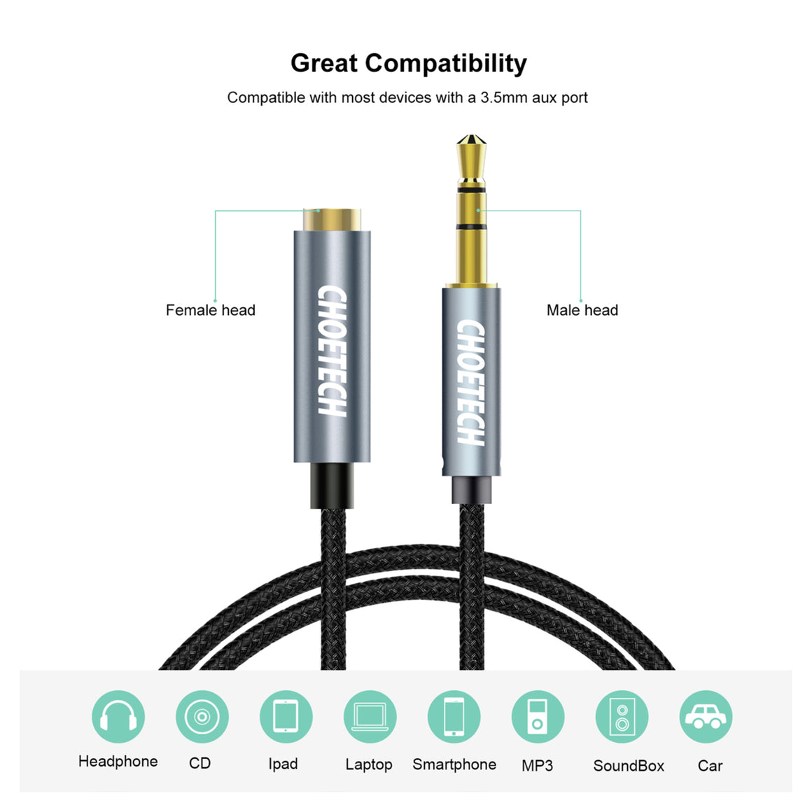 Cablu audio Jack stereo Choetech AUX001 3.5 mm tata - 3.5 mm mama 2m negru