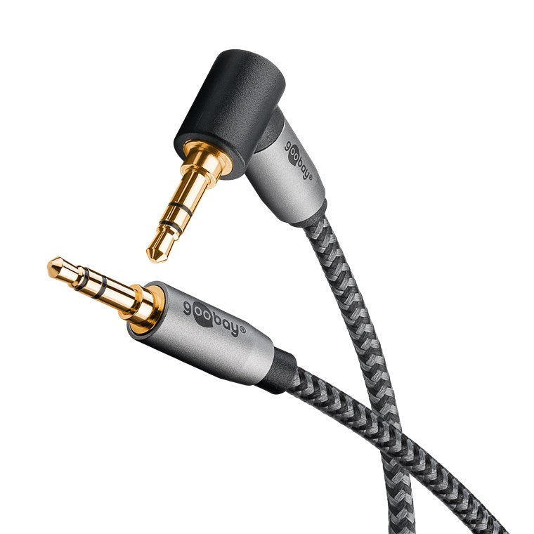 Cablu audio stereo 2m textil impletit Jack 3.5 mm - 3.5 mm 90 grade tata-tata aurit Goobay 65279