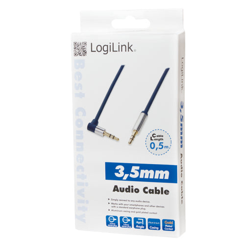 Cablu audio stereo 90 grade Jack 3.5 mm 0.5m tata-tata aurit albastru inchis carcasa aluminiu LOGILINK CA11050