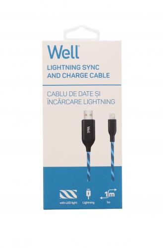 Cablu date incarcare Lightning 1m 2.4A Well flux lumina albastra