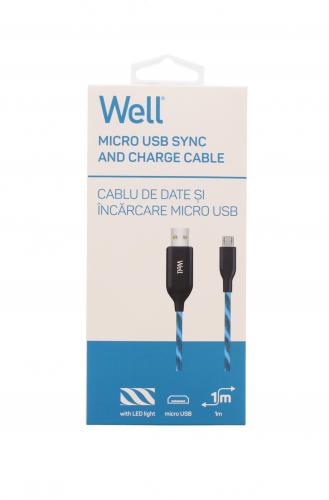 Cablu date incarcare micro USB 1m 2.1A Well flux de lumina albastra