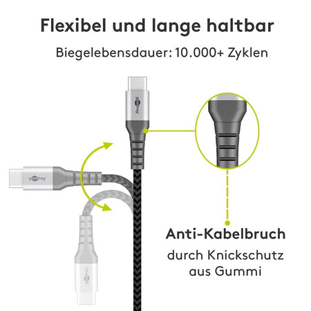 Cablu de date si incarcare USB A - USB type C 2m gri/argintiu textil flexibil Goobay 49297