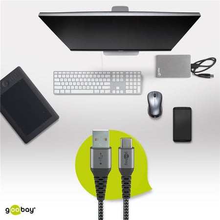 Cablu de date si incarcare USB A - USB type C 2m gri/argintiu textil flexibil Goobay 49297
