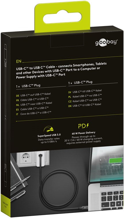 Cablu de incarcare si sincronizare USB type C 1m 3.2 Gen1 PD 60W tata-tata negru Goobay