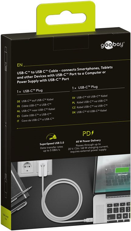 Cablu de incarcare si sincronizare USB type C 3.2 Gen1 tata-tata PD 60W 1m alb Goobay