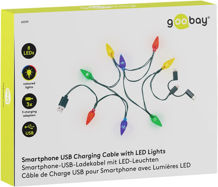 Cablu de incarcare USB pentru smartphone cu lumini LED RGB - Lightning Micro-USB USB type C 90cm Goobay 60339