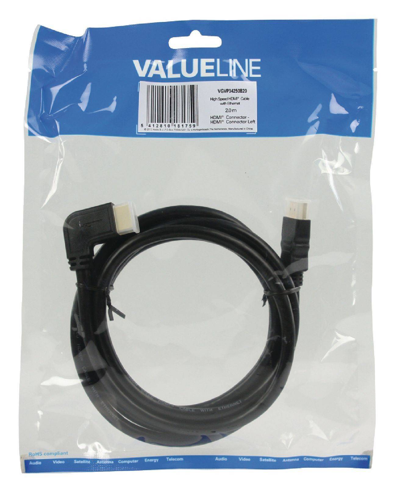 Cablu HDMI cu functie Ethernet 2m conectori drept si cotit 90 grade Valueline