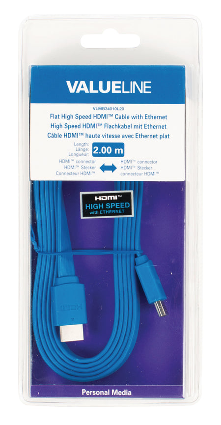 Cablu HDMI tata - HDMI tata High Speed cu Ethernet plat 2m albastru VALUELINE