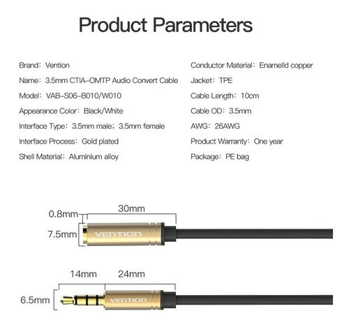 Cablu Jack 3.5 mm 4 pin socket Jack 3.5 mm 4 pin plug 0.1m negru VENTION VAB-S06-B010