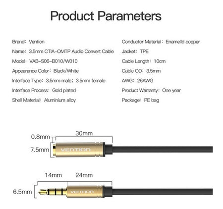 Cablu Jack 3.5 mm 4 pin socket Jack 3.5 mm 4 pin plug 0.1m negru VENTION VAB-S06-B010