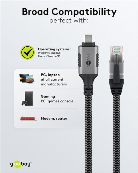 Cablu LAN Ethernet USB-C 3.1 la RJ45 1.5m Cat6 compatibil si pt. Apple Thunderbolt 3 negru Goobay 70697