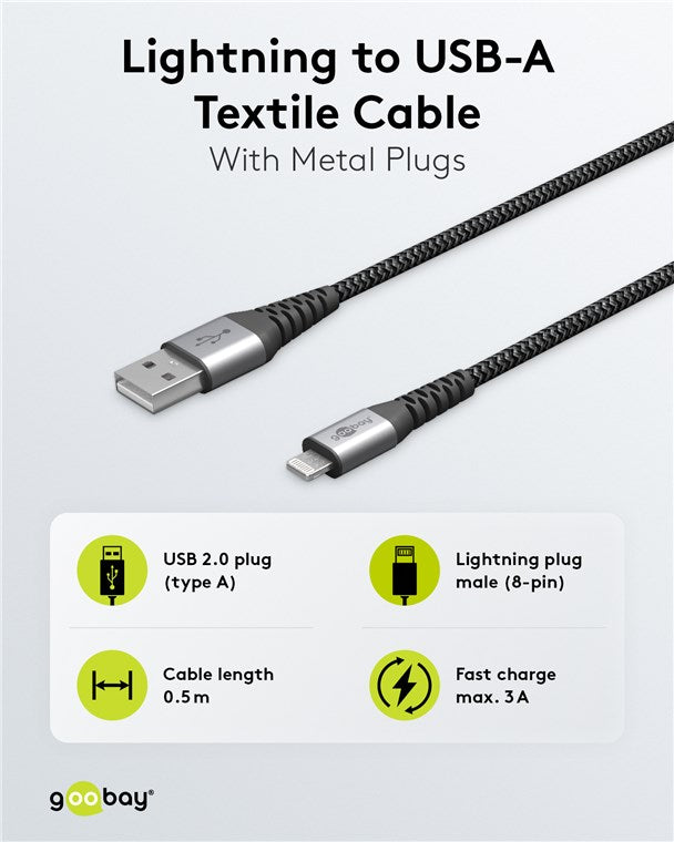 Cablu Lightning 8-Pini 0.5m Apple MFi certificat conectori metalici robust textil argintiu Goobay 49267