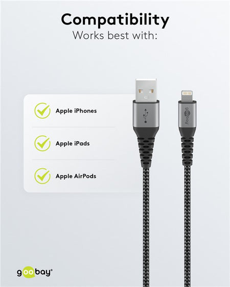 Cablu Lightning 8-Pini 0.5m Apple MFi certificat conectori metalici robust textil argintiu Goobay 49267