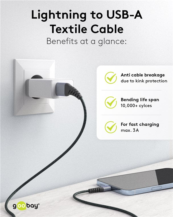 Cablu Lightning 8-Pini 0.5m Apple MFi certificat conectori metalici robust textil argintiu Goobay 49267