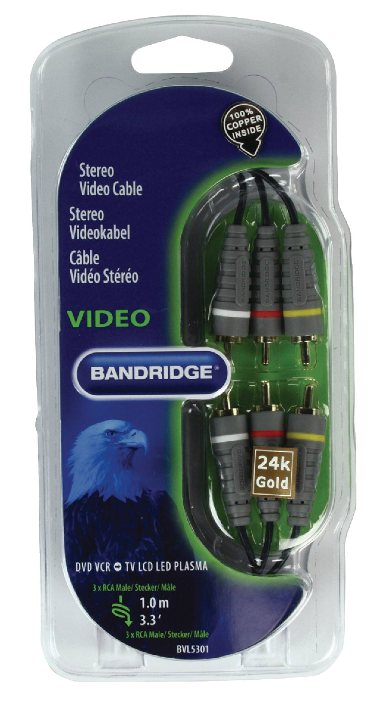 Cablu Stereo Audio/Video 1m 3x RCA - 3x RCA tata-tata rosu alb galben BANDRIDGE