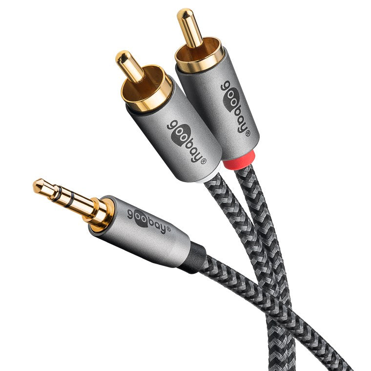 Cablu stereo premium extrem de flexibil Jack 3.5 mm tata - 2x RCA tata 0.5m cablu textil negru Goobay Plus 65284