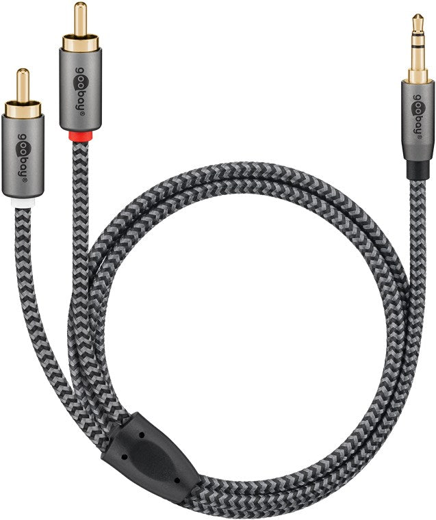 Cablu stereo premium extrem de flexibil Jack 3.5 mm tata - 2x RCA tata 0.5m cablu textil negru Goobay Plus 65284