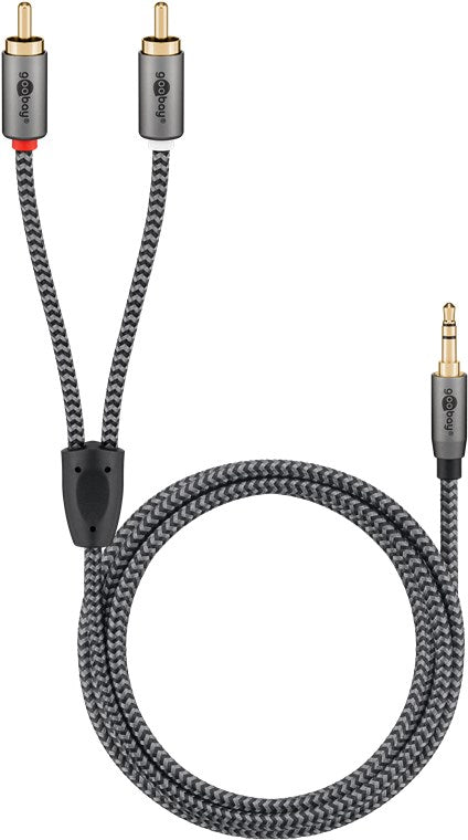 Cablu stereo premium extrem de flexibil Jack 3.5 mm tata - 2x RCA tata 0.5m cablu textil negru Goobay Plus 65284