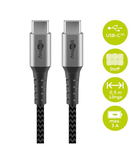 Cablu textil USB TYPE C tata-tata 0.5m 3A mufe metalice argintiu Goobay