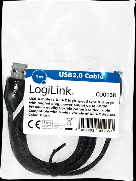 Cablu USB 2.0 A mufa - USB Type C mufa in unghi 1m negru LOGILINK CU0138