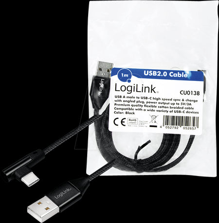 Cablu USB 2.0 A mufa - USB Type C mufa in unghi 1m negru LOGILINK CU0138
