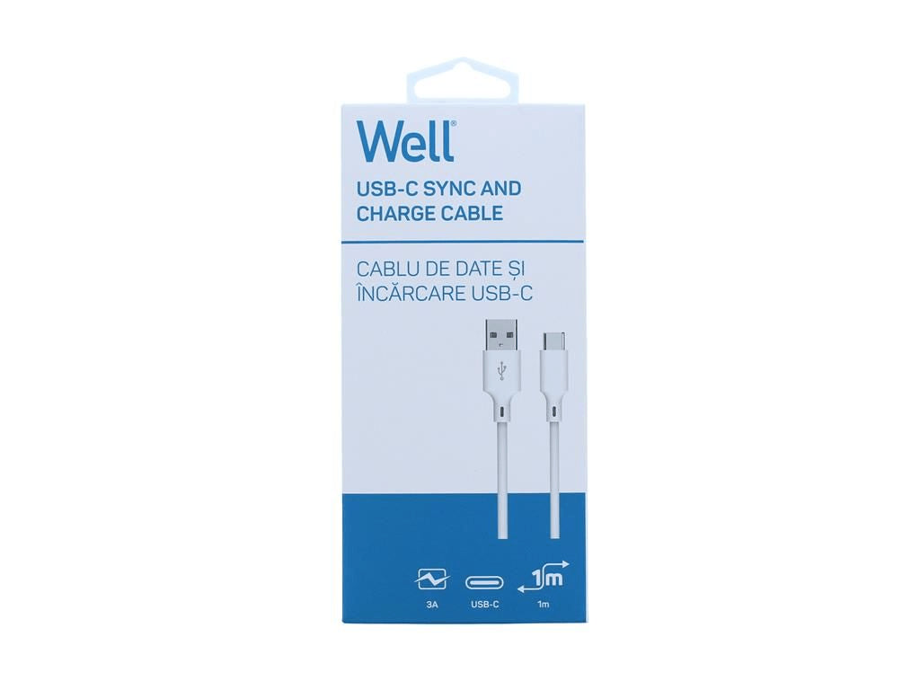 Cablu USB 2.0 A tata - USB type C 1m 3A alb Well CABLE-USB/USBC-1WE06-WL