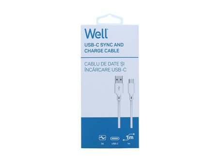 Cablu USB 2.0 A tata - USB type C 1m 3A alb Well CABLE-USB/USBC-1WE06-WL