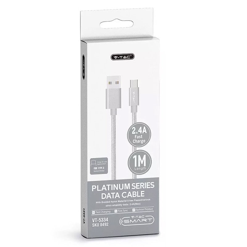 Cablu USB TYPE C 1m argintiu 2.4A PLATINUM EDITION V-Tac SKU-8492