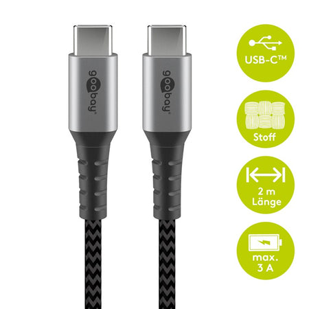 Cablu USB type C - USB type C 2m max. 20V 3A 60W gri/argintiu textil Goobay 49303