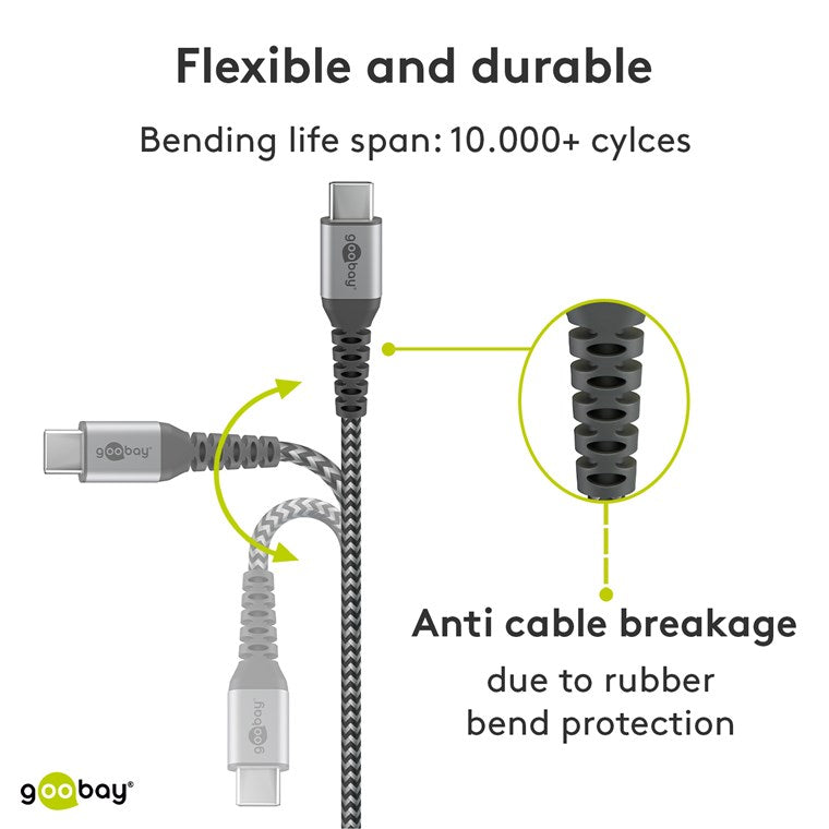 Cablu USB type C - USB type C 2m max. 20V 3A 60W gri/argintiu textil Goobay 49303