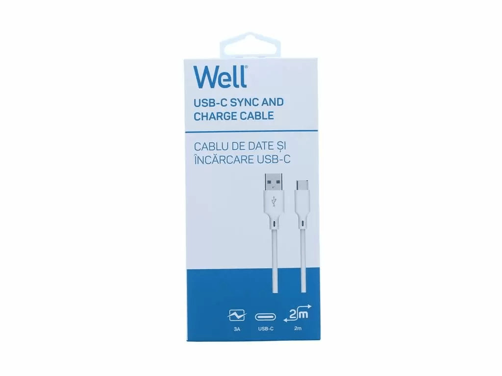 Cablu USB2.0 A tata - USB type C 2m 3A alb Well