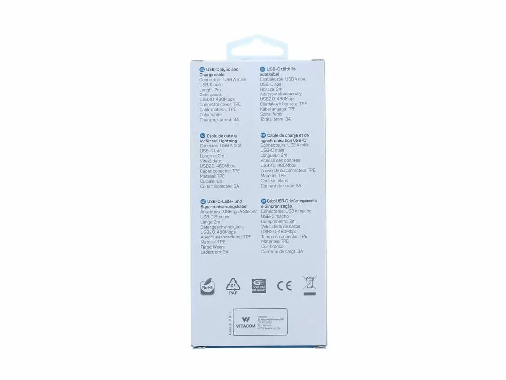 Cablu USB2.0 A tata - USB type C 2m 3A alb Well