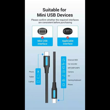Cablu USB2.0 mini 5pin mufa tata - USB C mufa tata nichelat 2m negru dublu ecranat 2A VENTION COWBH