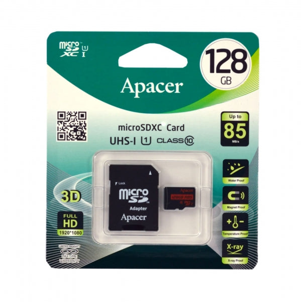 Card microSDXC UHS-I Apacer 128GB R85 clasa10 cu adaptor SD citire 85MB/s