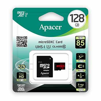 Card microSDXC UHS-I Apacer 128GB R85 clasa10 cu adaptor SD citire 85MB/s