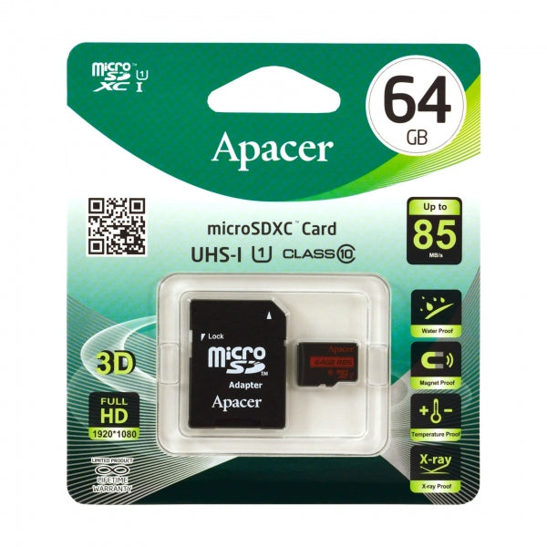 Card microSDXC UHS-I Apacer 64GB clasa10 cu adaptor SD