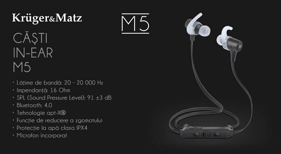 Casti bluetooth IPX4 M5 alb Kruger&Matz