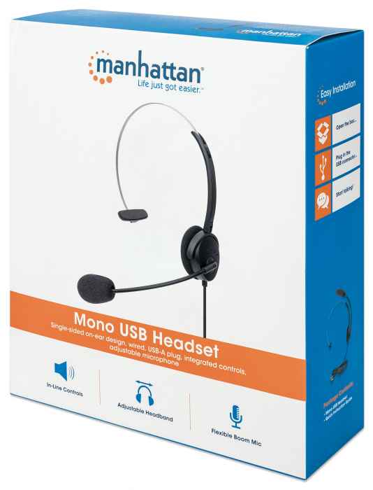 Casti mono On-Ear cu microfon USB control volum 1.5m 179867 Manhattan