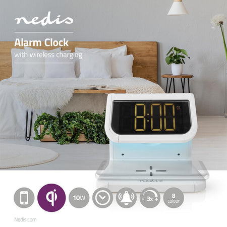 Ceas cu alarma Nedis incarcator wireless Qi lumina multicolora alb