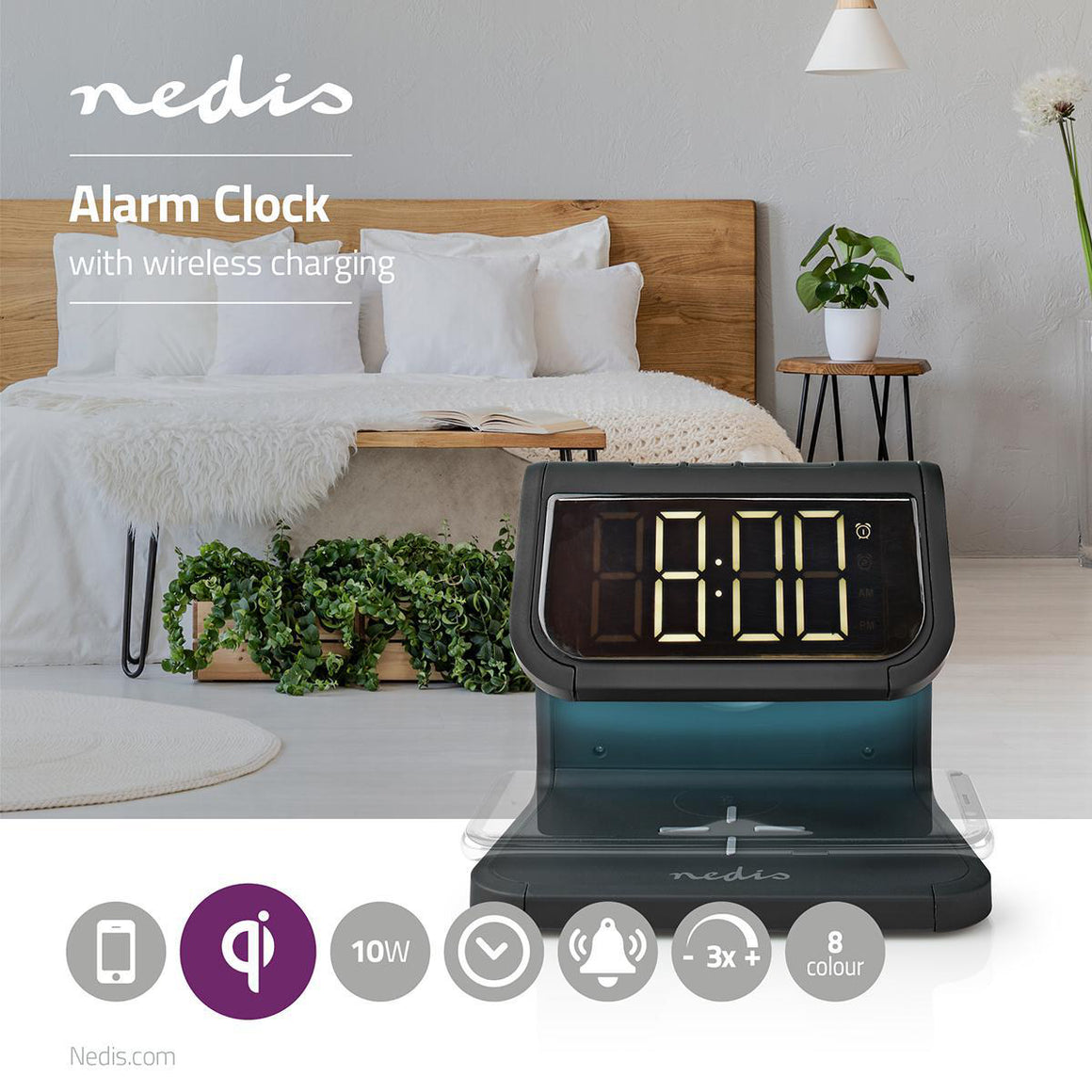 Ceas cu alarma Nedis incarcator wireless Qi lumina multicolora negru