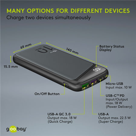 Fast Charge Power Bank acumulator extern 10000mAh USB type C PD QC 3.0 Goobay
