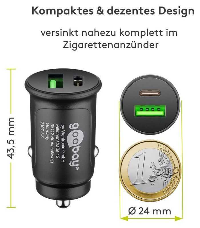 Incarcator auto 12/24V bricheta - DUAL USB A QC3.0/USB TYPE C FAST CHARGER PD 30W 55634 Goobay