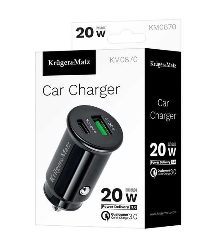 Incarcator auto 12-24VDC bricheta - USB TYPE C + USB 3.1A QC 3.0 PD 20W Kruger&Matz