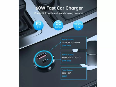 Incarcator auto Choetech TC0014 1x USB type C 1x USB A PD 60W TC0014-BK