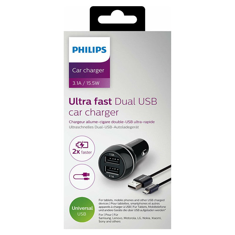 Incarcator auto dual 2x USB ULTRA-RAPID 15.5W 3.1A cu protectie + cablu micro USB PHILIPS DLP2357U/10