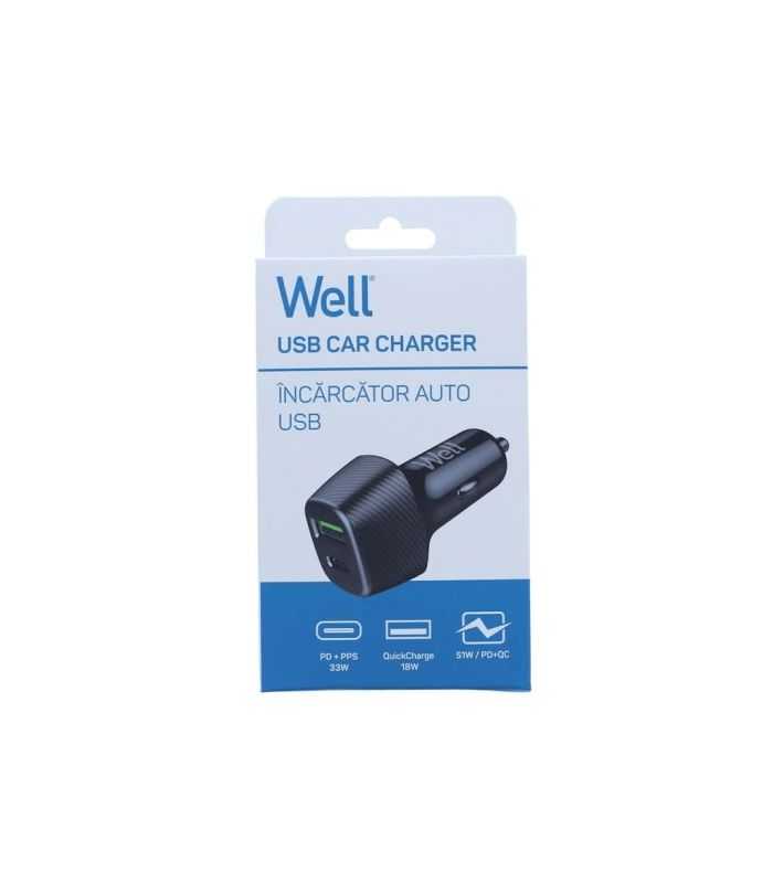 Incarcator auto Well 51W 1x USB type C PD 33W PPS + 1x USB-A QC 18W negru PSUP-USB-CPQ5101BK-WL