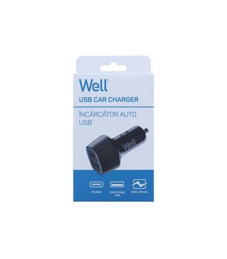 Incarcator auto Well 63W 1XUSB TYPE C PD 45W + USB-A QC 18W negru PSUP-USB-CPQ6301BK-WL