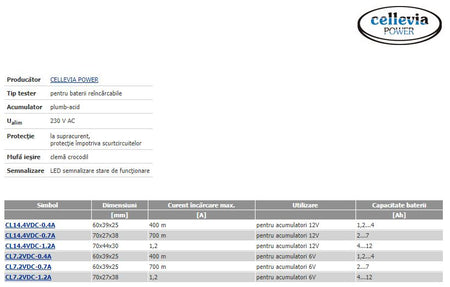 Incarcator baterii reincarcabile plumb-acid 6V 700mA 2-7Ah cu debransare CELLEVIA POWER CL7.2VDC-0.7A