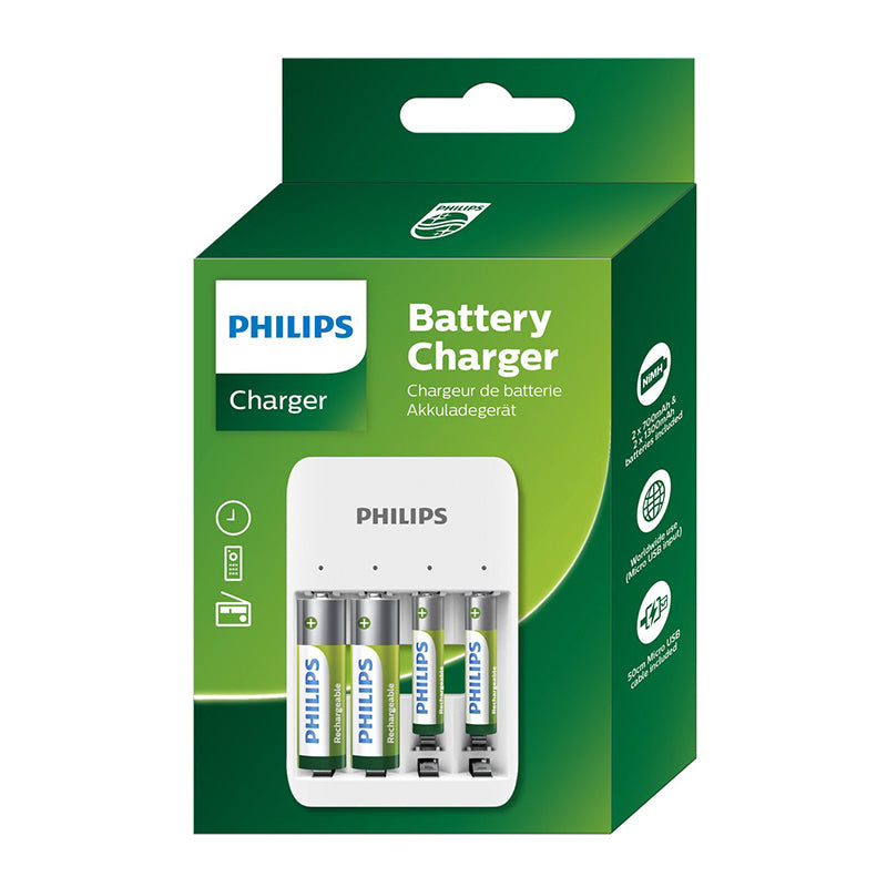 Incarcator USB Philips cu indicatoare LED 1-4 AA/AAA NiMH inclus 2x AAA 800mAh 2x AA 1300mAh SCB4013NB/00